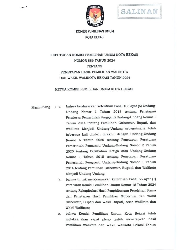 KPUD Kota Bekasi Resmi Tetapkan Tri Adhianto-Harris Bobihoe Sebagai Pemenang Pilkada Kota Bekasi 2024